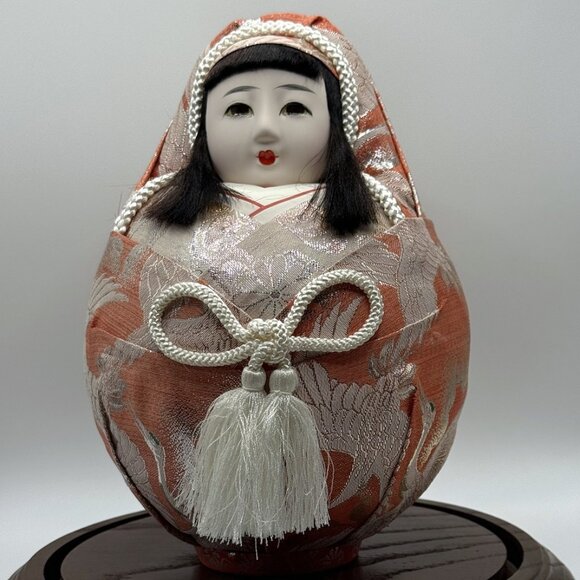 Vintage 9″ Hime Daruma Roly‑Poly Wedding Doll - Princess Daruma in Glass Dome - Picture 1 of 16
